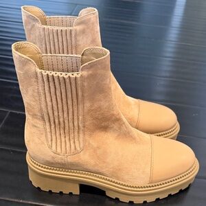 Marc Fisher Hadria Beige Suede Ankle Boots with Leather Toe Detail